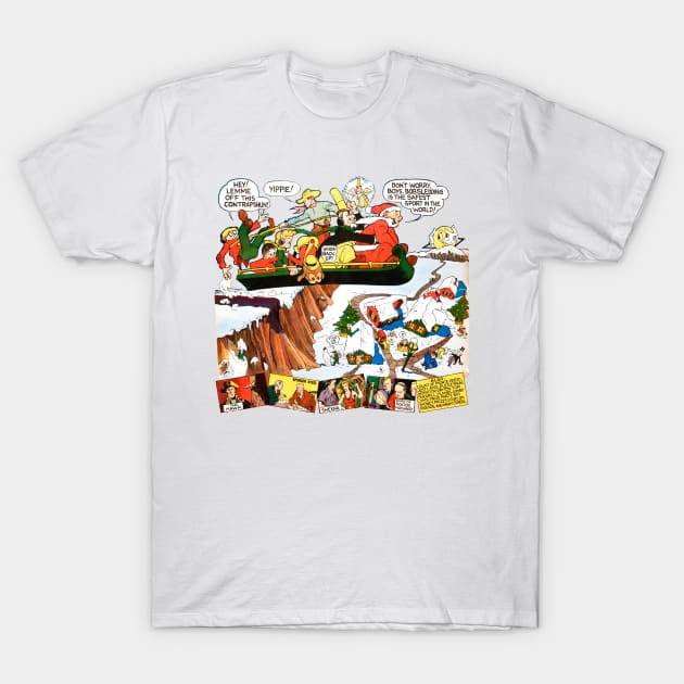 The sleigh flies through the snow with Santa Claus and all his friends while the town waits for Christmas gifts. Retro Vintage Comic T-Shirt by REVISTANGO